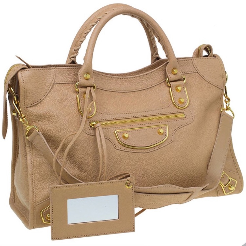 Auth Balenciaga City Bag medium Metallic edge Beige Chèvre Gold Classic